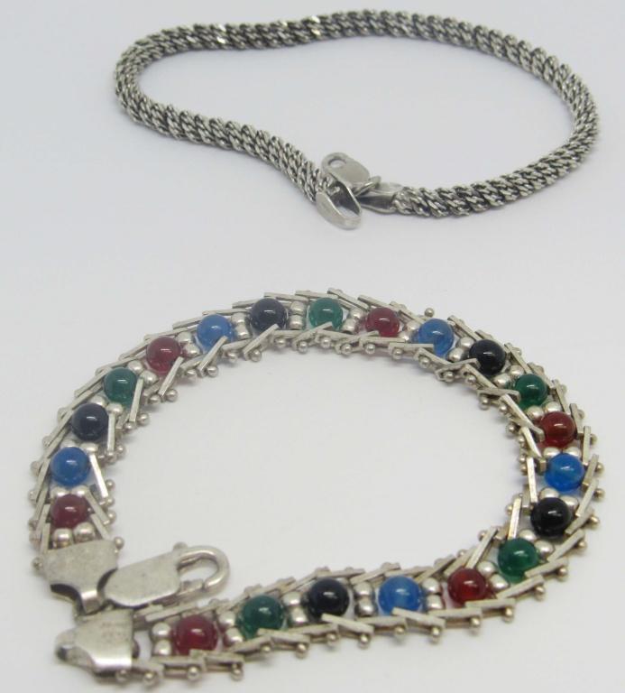 2-VINTAGE STERLING BRACELETS (1)ROPE DESIGN: (1)WITH MULTI COLORED BEAD ACCENTS-TOTAL 12 DWT