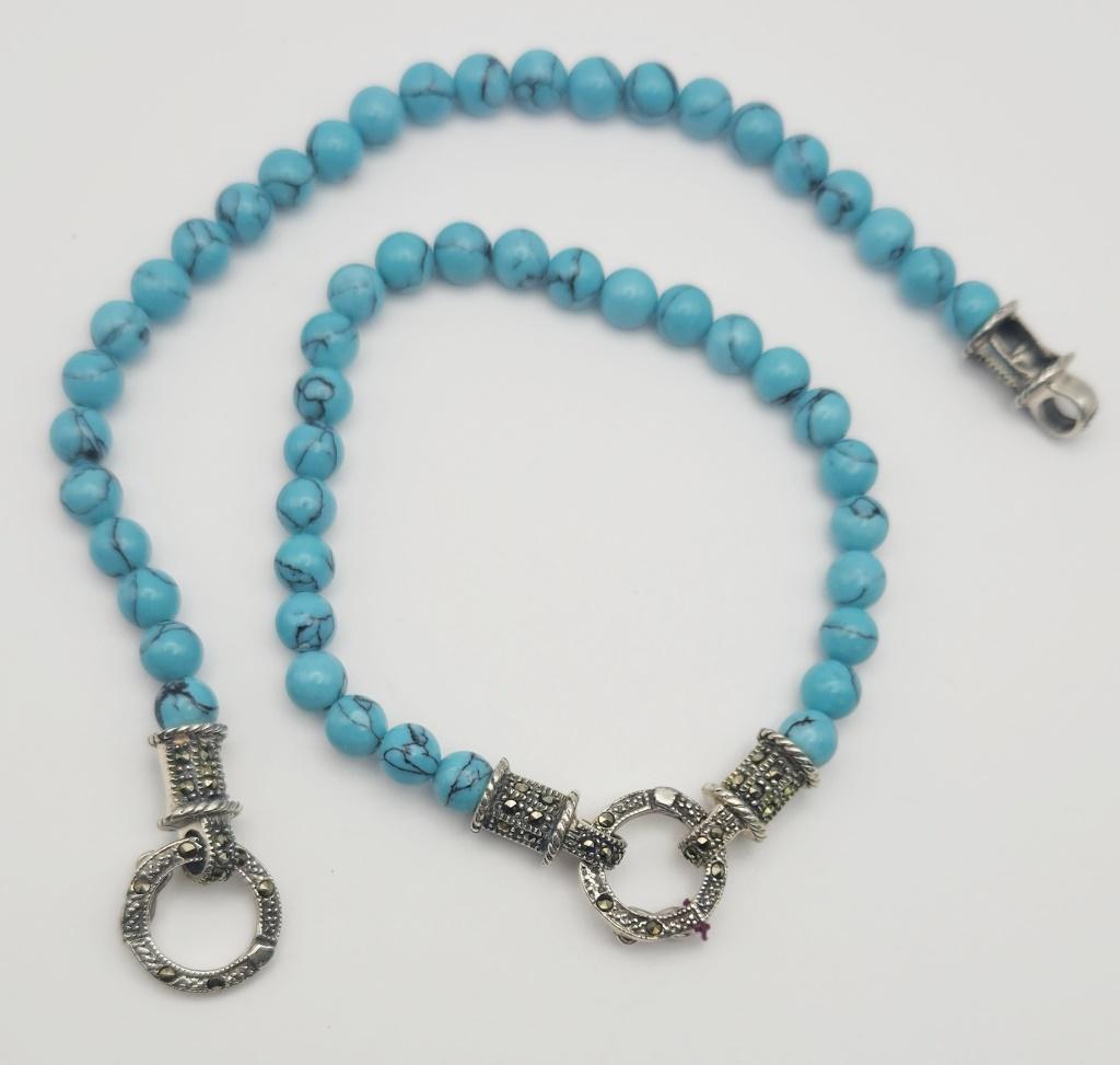 2-7.5 INCH HOWLITE AND STERLING BRACELETS: MARCASITE ACCENTS-TOTAL 15 DWT