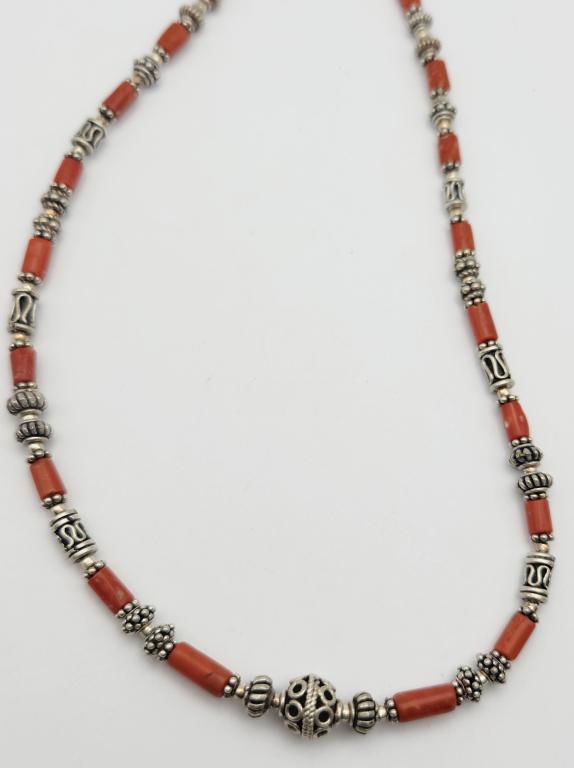 18 INCH RED CORAL AND STERLING BEADED NECKLACE (1 of 3)