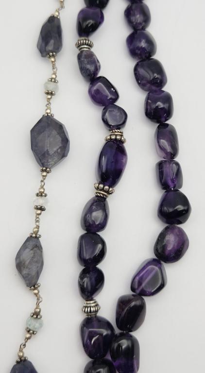 2-AMETHYST BEADED BRACELETS WITH 925 BEADS: THROUGHOUT-STERLING CLASP-BRACELETS MEASURES 8 INCHES-TOTAL 39 DWT
