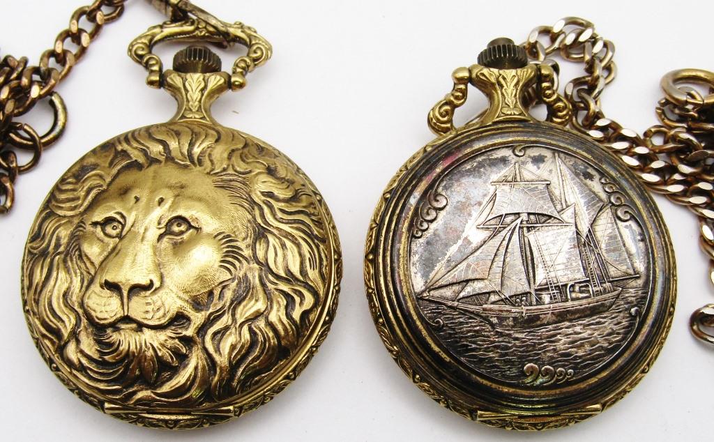 SAIL SHIP & LION POCKET WATCHES: BOTH QUARTZ - NEEDS BATTERIES - UNTESTED