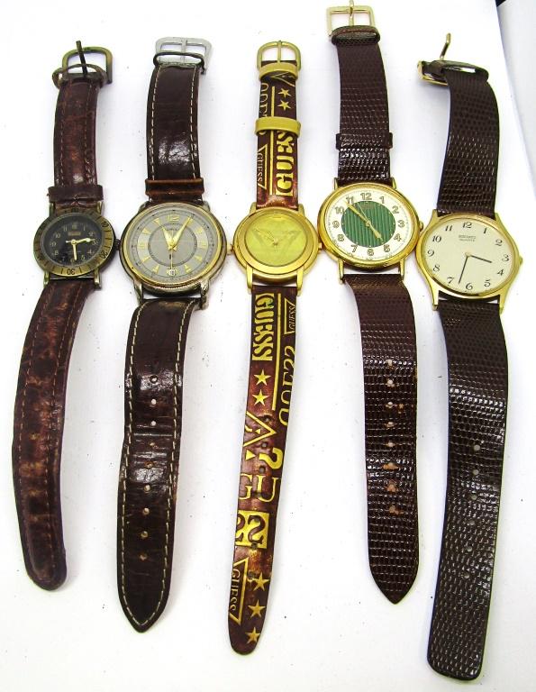 5 Brown Band Mens Watches (Guess,Fossil): Untested. Guess,Seiko, Fossil, Brittania