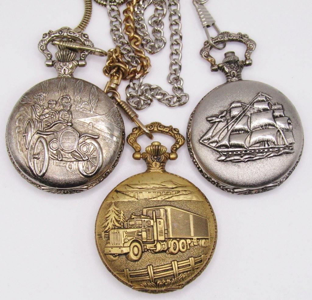 (3) QUARTZ HUNTING CASE POCKET WATCHES: UNITRON ANTIQUE CAR CASE, GALAXIE TRUCK CASE, GC SAIL SHIP - UNTESTED