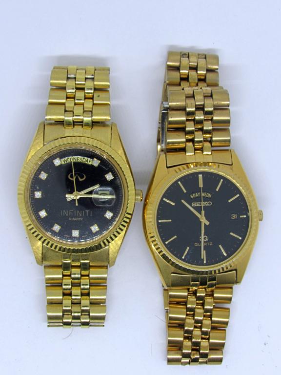 (2) MEN'S DAY/DATE GOLD TONED WATCHES: SEIKO & INFINITI QUARTZ - NICE CONDITION - NEEDS BATTERIES - UNTESTED