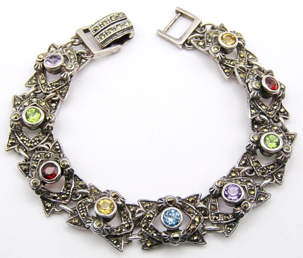 VINTAGE NF 925 MARCASITE GEM STONE BRACELET: STUNNING PIECE 7 " LONG ( 16 dwt)