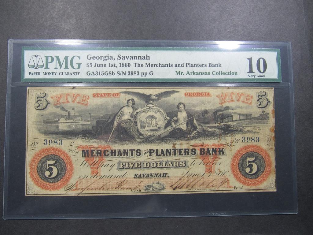 1860 MERCHANTS and PLANTERS BANK PMG 10: FIVE DOLLARS GEORGIA, SAVANNAH