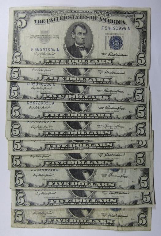 (10) 1953 $5 SILVER CERTIFICATES (1 of 2)