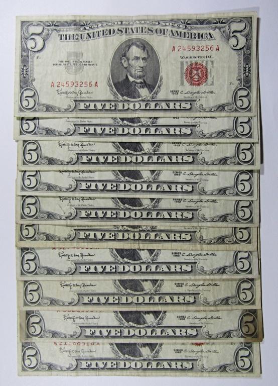(10) 1963 $5 RED SEAL U.S. NOTES (1 of 2)