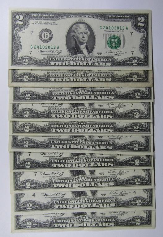 (10) 1976 BICENTENNIAL $2 FED RSV NOTES AU/UNC (1 of 2)