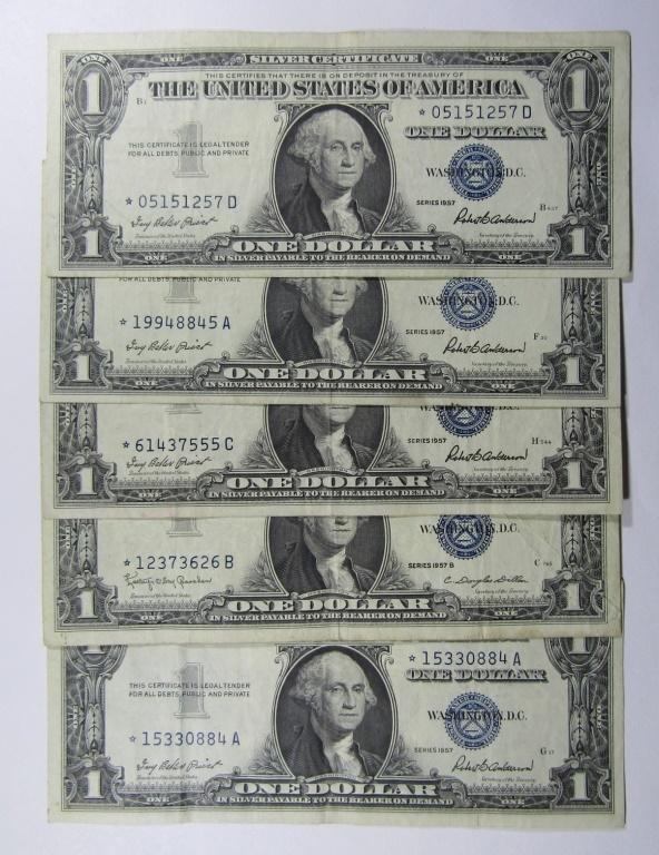 (5) 1957 $1 "STAR NOTE" SILVER CERTS (1 of 2)