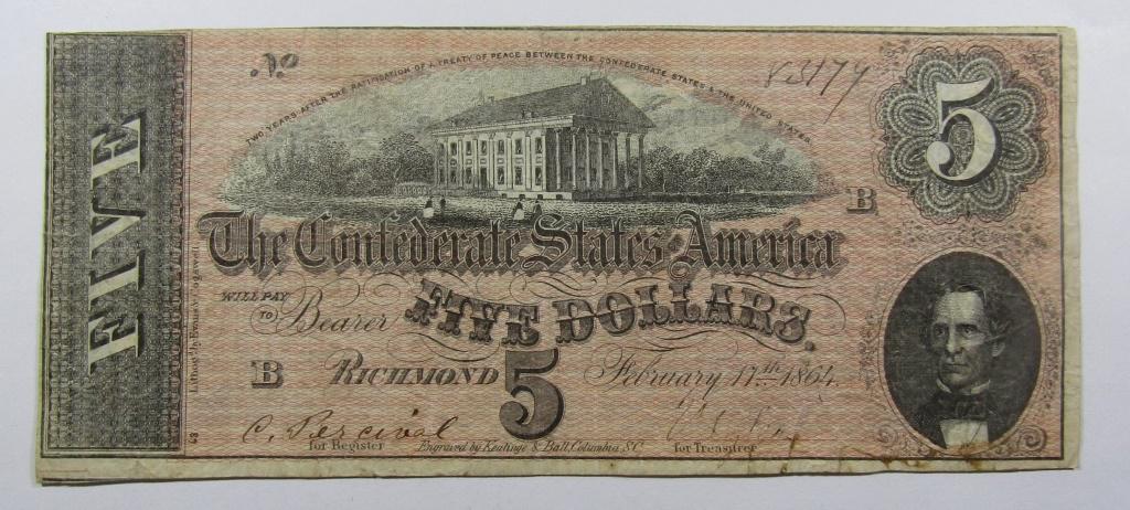 1864 $5 CONFEDERATE STATES of AMERICA: RICHMOND, VA- NICE CONDITION