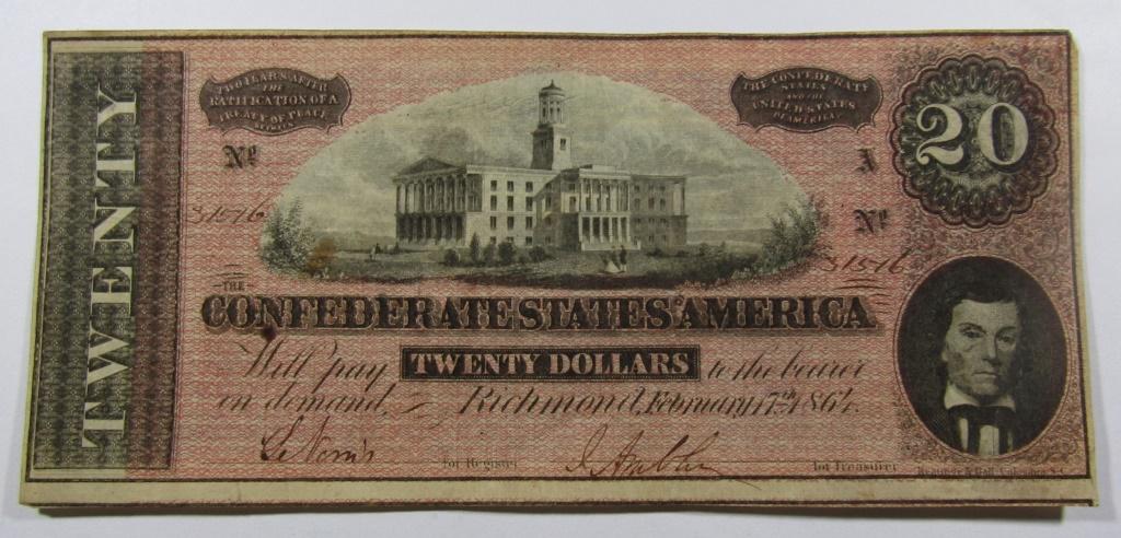 1865 $20 CONFEDERATE STATES of AMERICA: RICHMOND, VA- NICE CONDITION