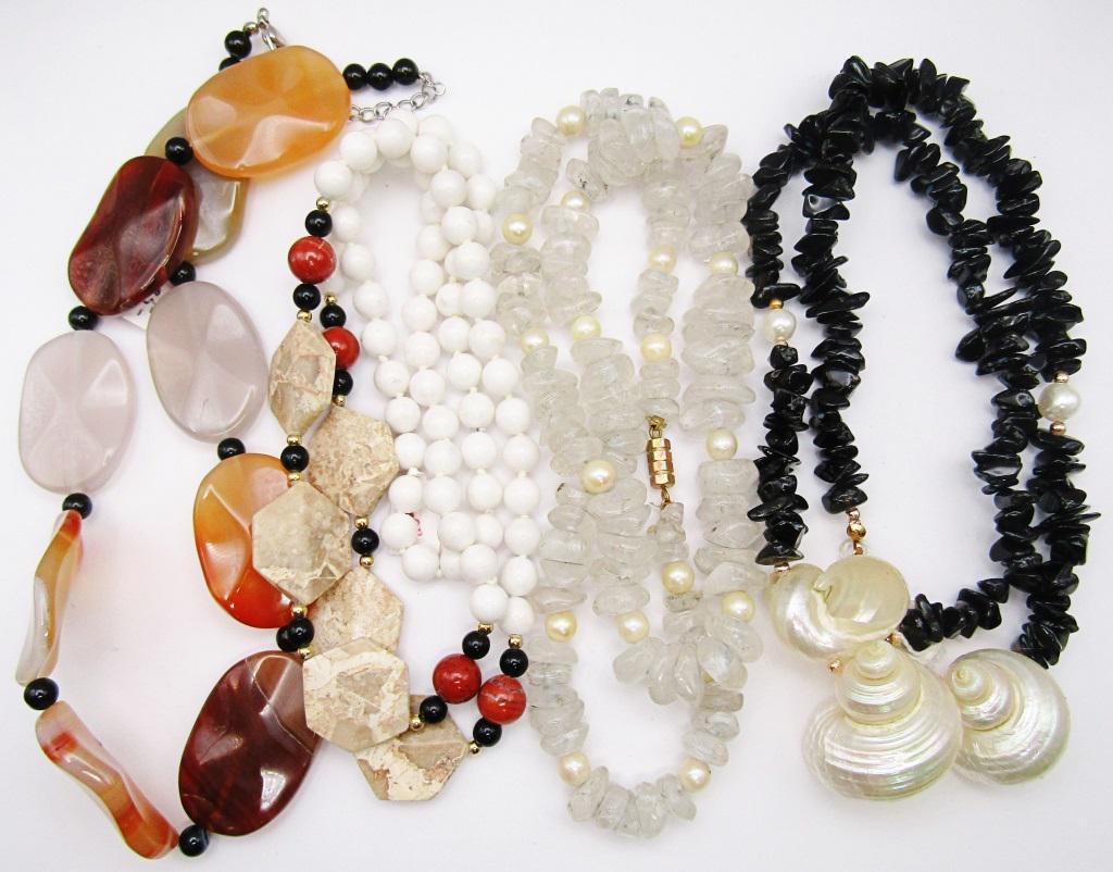 4-VINTAGE STONE BEADED FASHION NECKLACES: (1)CHIPPED OBSIDEON WITH SHELL PENDANTS (1)MOONSTONE WITH CULTURED PEARL ACCENTS & MORE! VARIOUS LENGTHS/STYLES