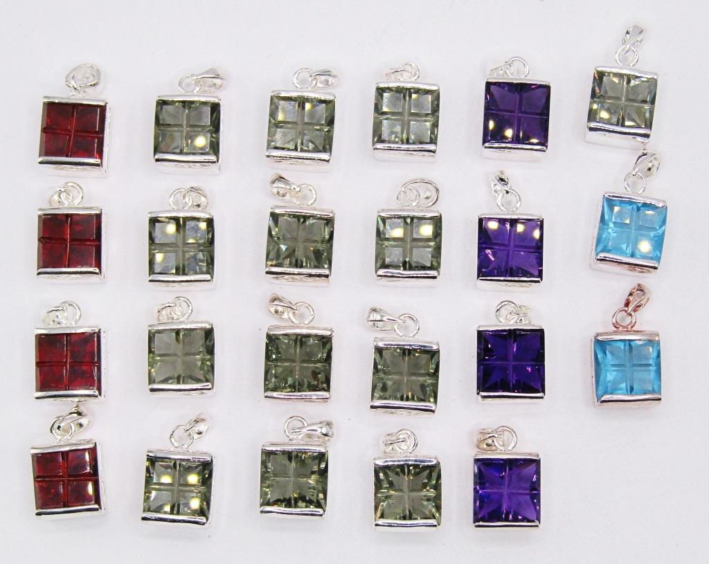 JEWELRS LOT! (23) SILVER TONED FASHION PENDANTS: WITH MULTI COLORED CENTER STONES-PURPLE-GRAY-RED-BLUE
