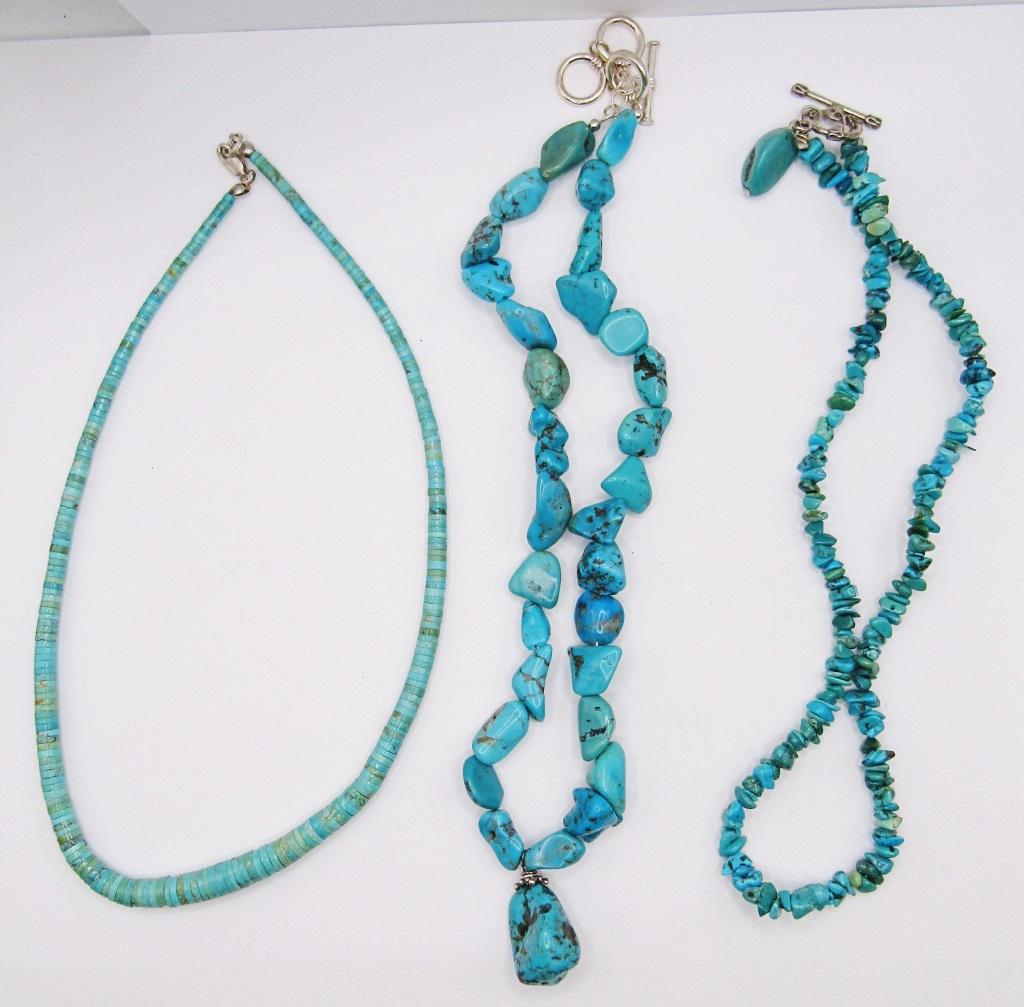 3-TURQUOISE BEADED NECKLACES ALL WITH 925 (1 of 3)