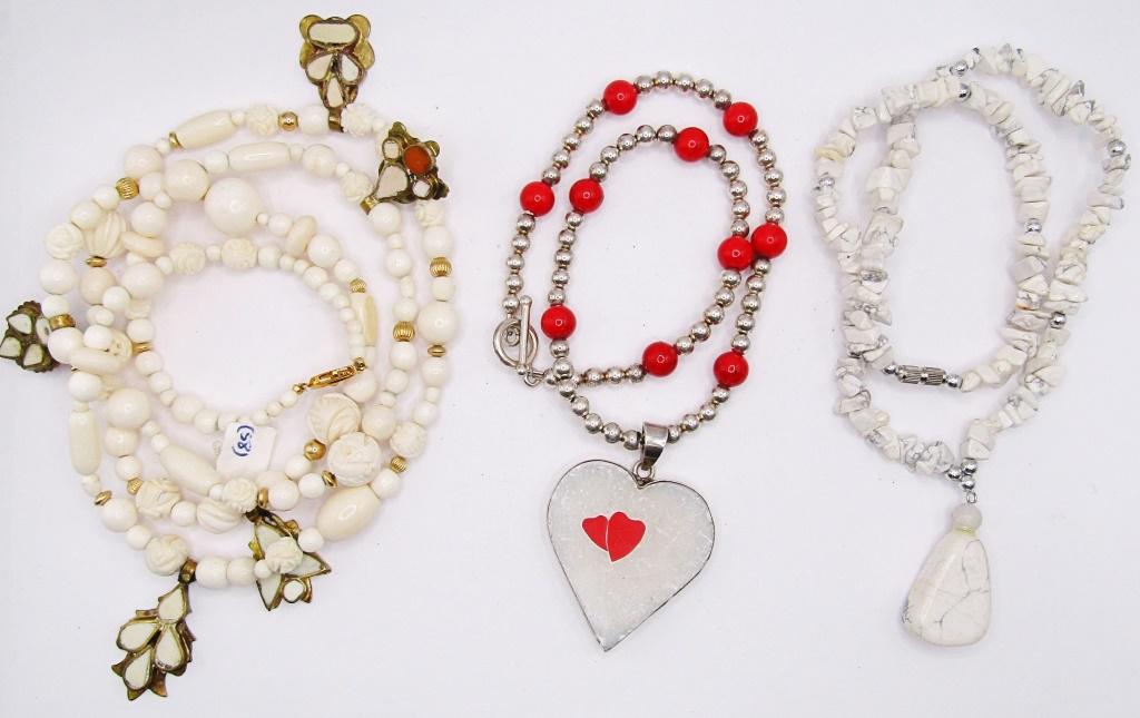 3-UNIQUE STONE/BONE BEADED NECKLACES:: (1)STERLING BEADED NECKLACE WITH RED JASPER BEADS & STERLING HEART PENDANT WITH STONE INLAY (1)HOWLITE BEADED NECKLAE & (1)CARVED BONE BEADED NECKLACE-DIFF LENGTHS/DESIGNS