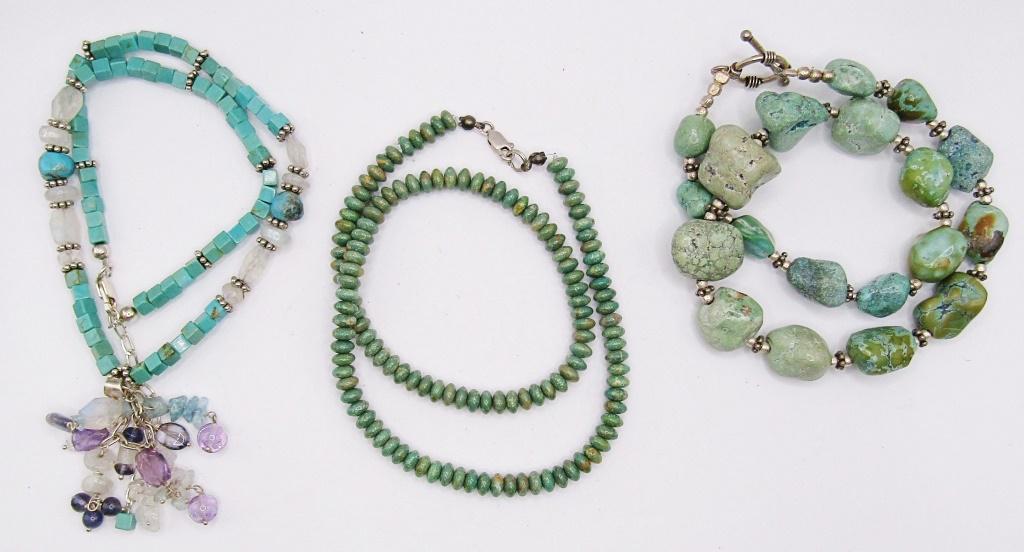 3-SOUTHWESTERN GREEN TURQUOISE BEADED: NECKLACES (1)WITH CHIPPED MOONSTONE & AMETHYST BEAD ACCENTS