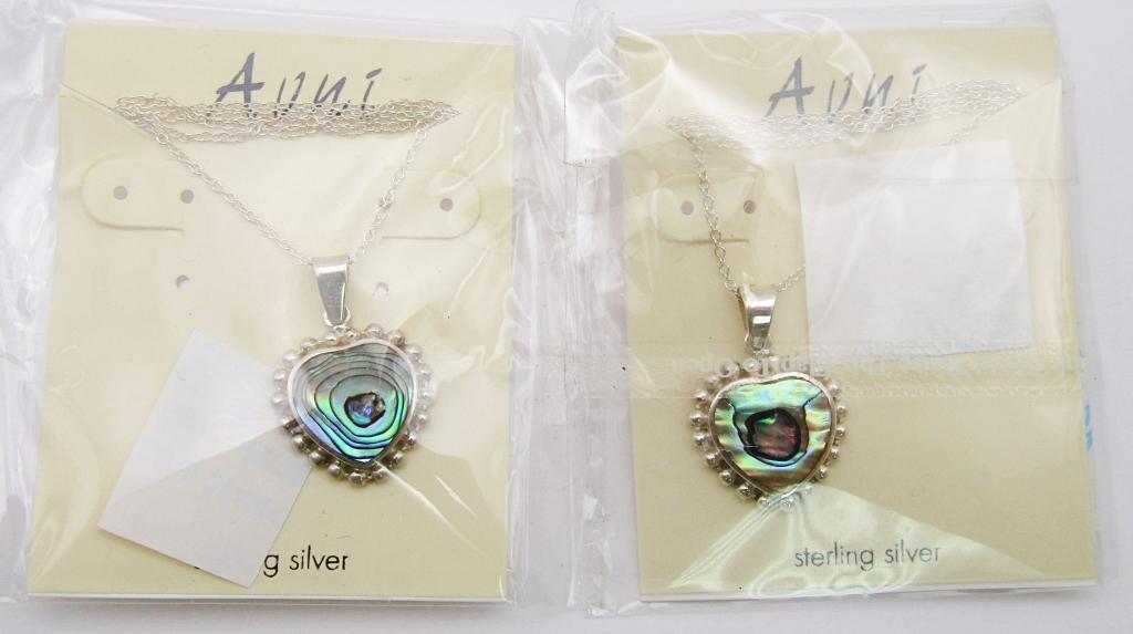 (2) STERLING / ABALONE HEART NECKLACES: NEW STOCK - 18" CABLE CHAIN