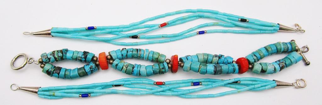 3-SOUTHWESTERN STERLING BEADED BRACELETS: LOADED WITH AUTHENTIC AND FAUX TURQUOISE