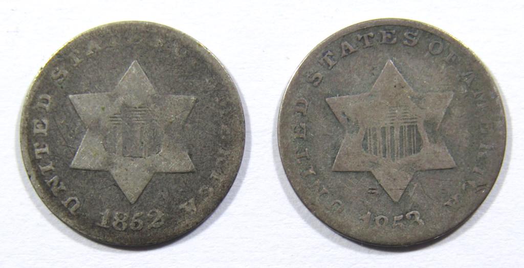 1852 & 1853 THREE CENT SILVER COINS (1 of 2)