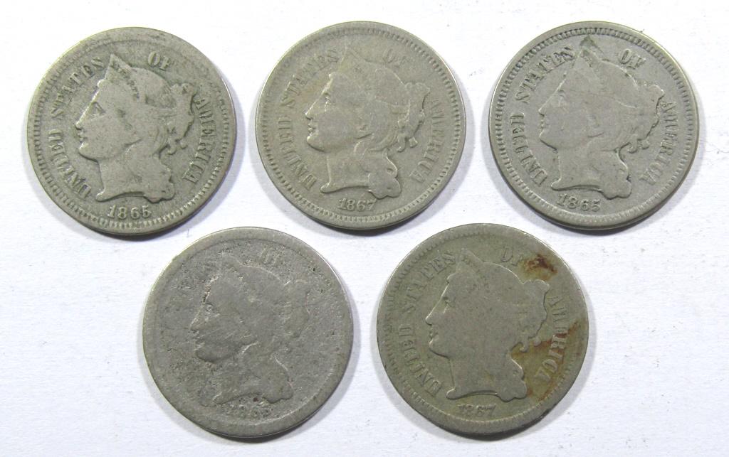 (3) 1865 (2) 1867 THREE CENT NICKEL LOT (1 of 2)