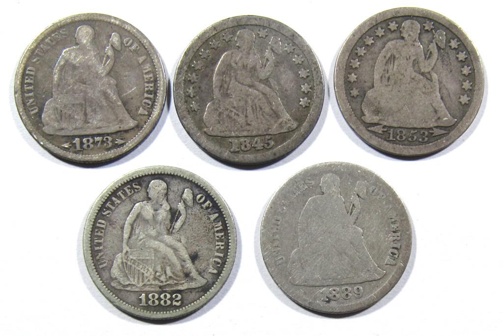 (5) SEATED DIMES - 1845, 1853, 1873, (1 of 2)