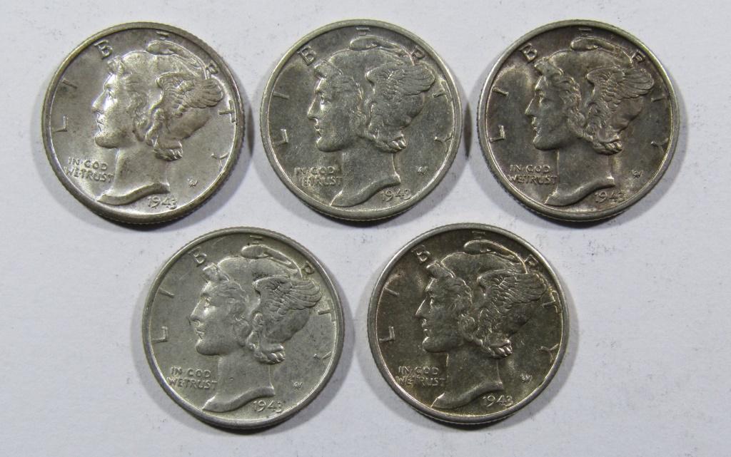 (5) 1943-D MERCURY DIMES AU/BU: BID NOW