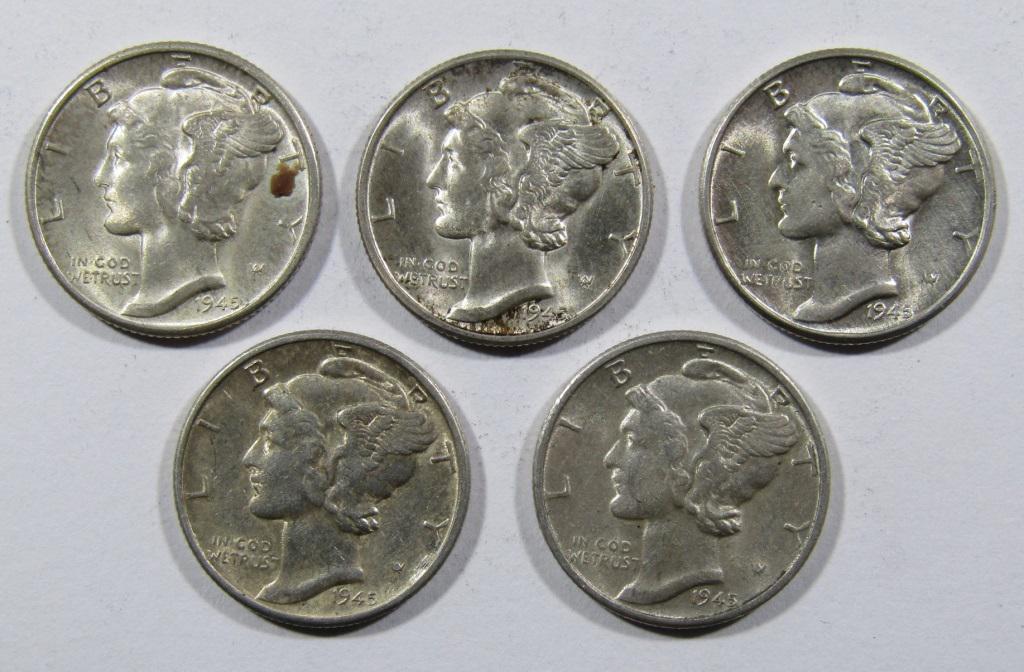 (5) 1945-D MERCURY DIMES AU/BU: ONE STOP SHOP FOR ANTIQUES, COLLECTIBLES, AND COINS