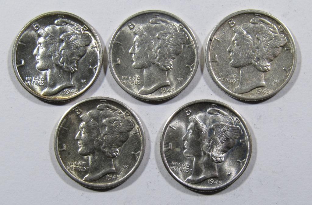 (5) 1945-S MERCURY DIMES AU/BU: BID NOW