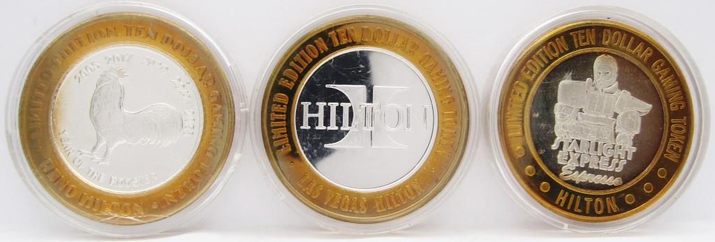 3- $10 GAMING CASINO TOKENS SILVER .999 (1 of 7)