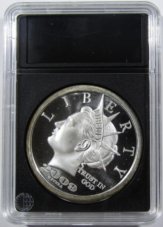 2009 1oz .999 SILVER "LIBERTY DOLLAR": "$20 LIBERTY DOLLAR" SILVER ROUND IN PLASTIC SLAB.