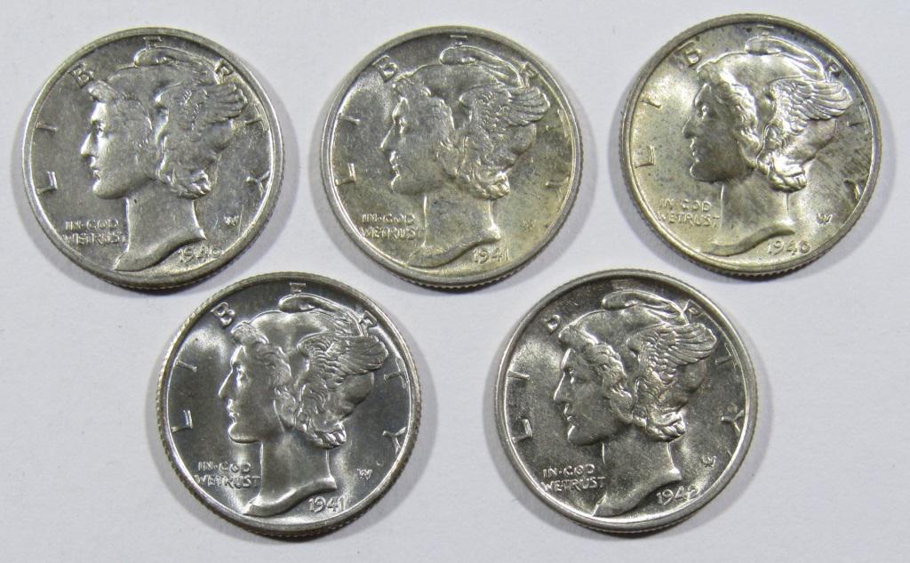 (5) MIXED DATE MERCURY DIMES AU/BU (1 of 2)