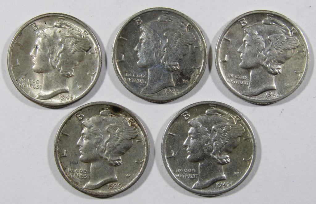 (5) DIFFERENT D MINT MERCURY DIMES AU/BU: TOP RATED AUCTION HOUSE