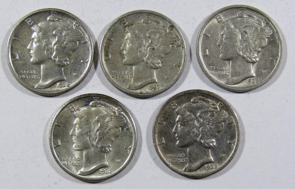 (5) MIXED DATE MERCURY DIMES AU/BU: (1 of 2)