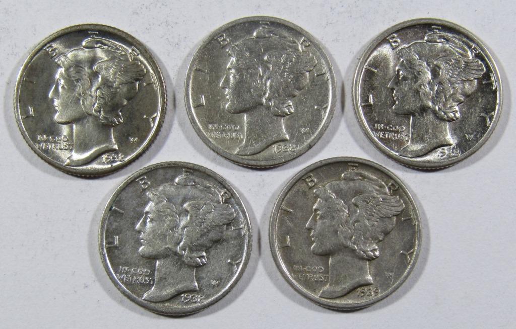 (4) 1938 & (1) 1939 MERCURY DIMES AU/BU (1 of 2)