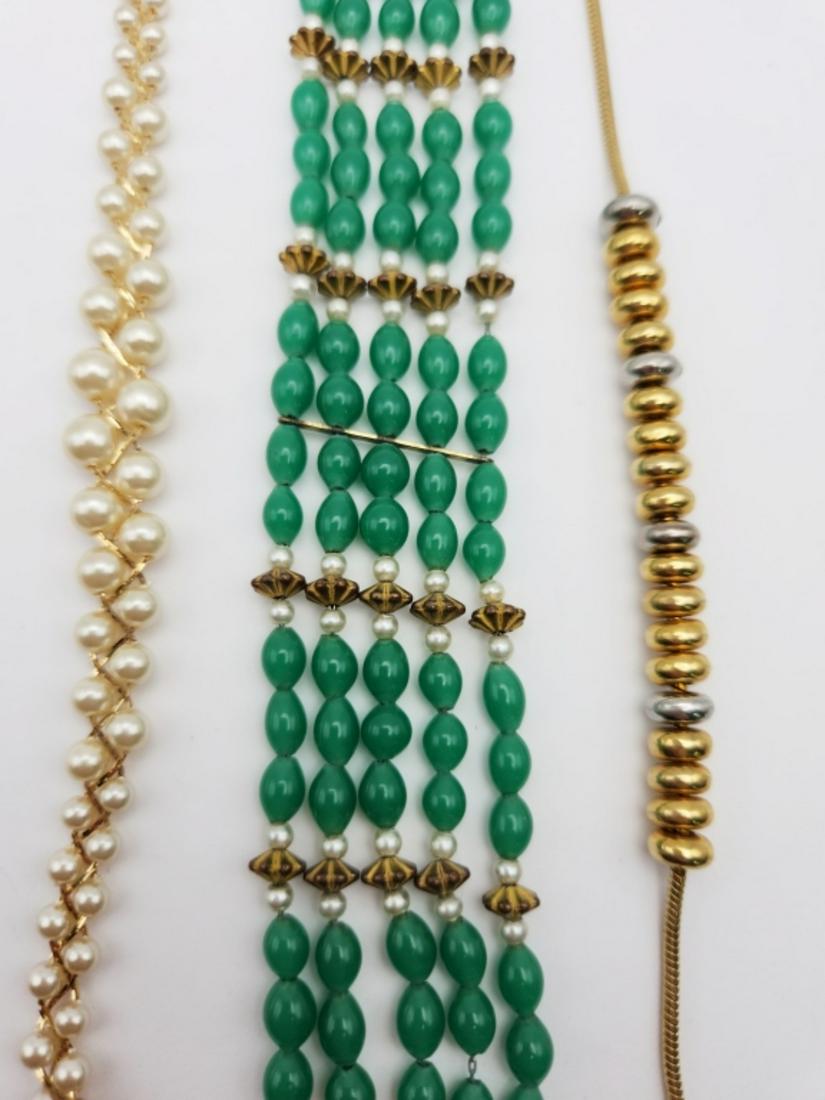 3-VTG GOLD TONED BEADED BRACELETS-AVON-: NAPIER-GREEN LUCITE BEADS-FAUX PEARLS & MORE! MEASURES IN BETWEEN 7-8.5 INCHES