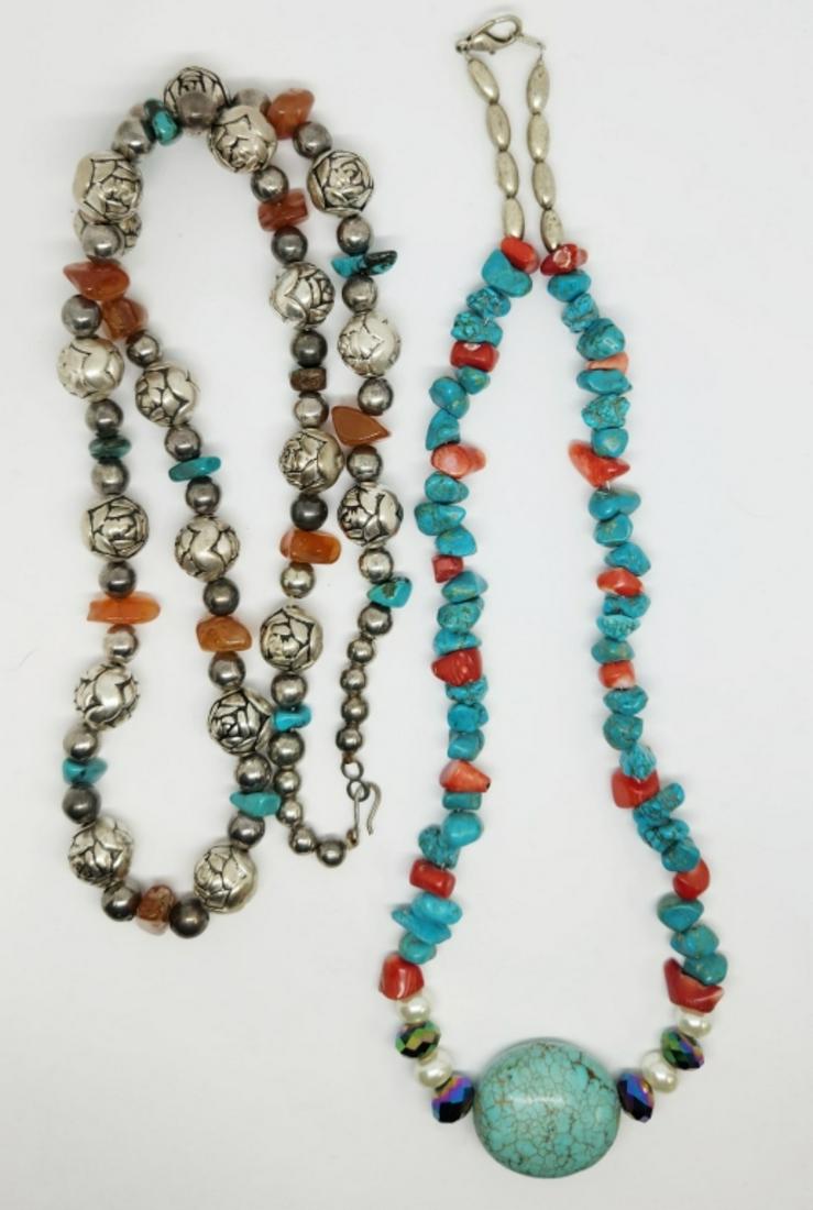 2-SOUTHWESTERN SILVER TONED BEADED NECKLACES: WITH TURQUOISE-CORAL & AMBER STONES (1)MEASURES 20 INCHES & (1)MEASURES 28 INCHES
