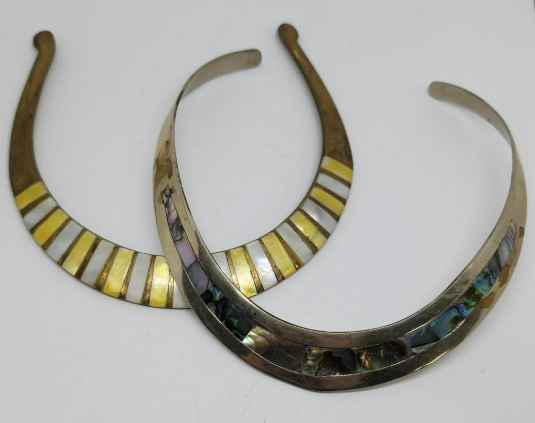 2-SOUTHWESTERN COLLAR CHOKER NECKLACES: (1)WITH MOTHER OF PEARL & YELLOW INLAY STONE DESIGN & (1)WITH ABILONE INLAY DESIGN