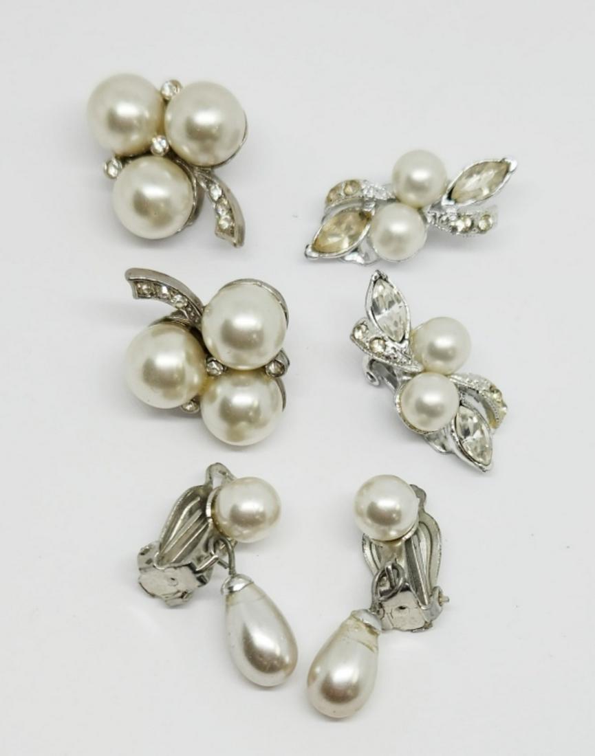 3-PAIRS OF VTG SILVER TONE CLIP ON EARRINGS: WITH FAUX PEARL/LUCITE-(1)MARKED JAPAN