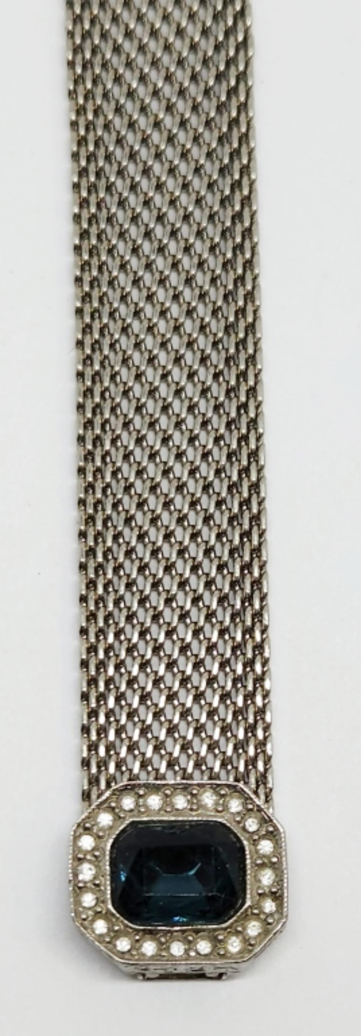 VINTAGE SILVER TONED BRACLET WITH NAVY BLUE: AND CLEAR RHINESTONE CLOSURE-MEASURES 7.5 INCHES