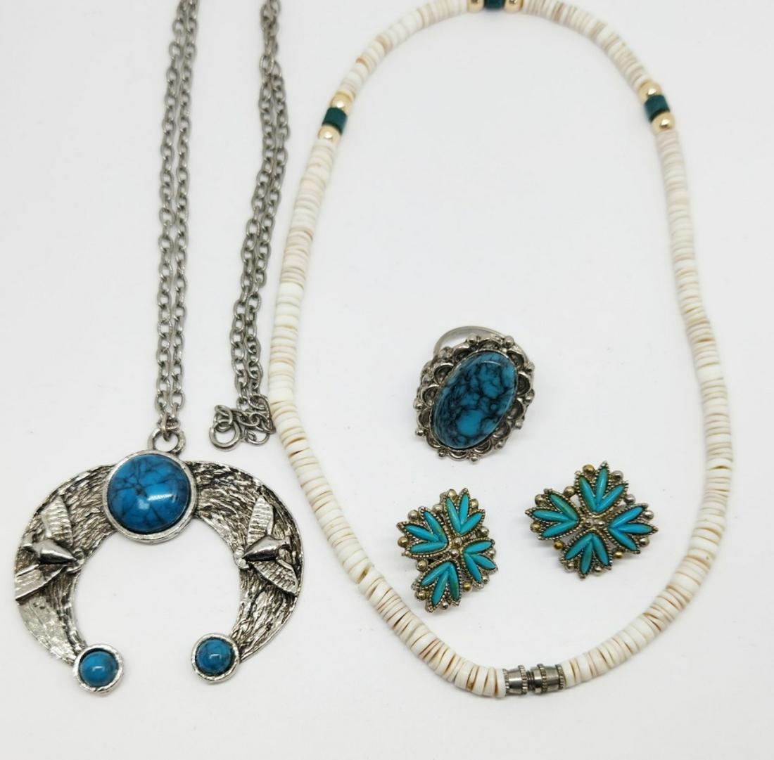 SOUTHWESTERN FASHION JEWELRY LOT: (1)SQUASH: BLOSSOM NECKLACE (1)PUKA SHELL NECKLACE (1)PAIR OF CLIP ON EARRINGS & (1)RING