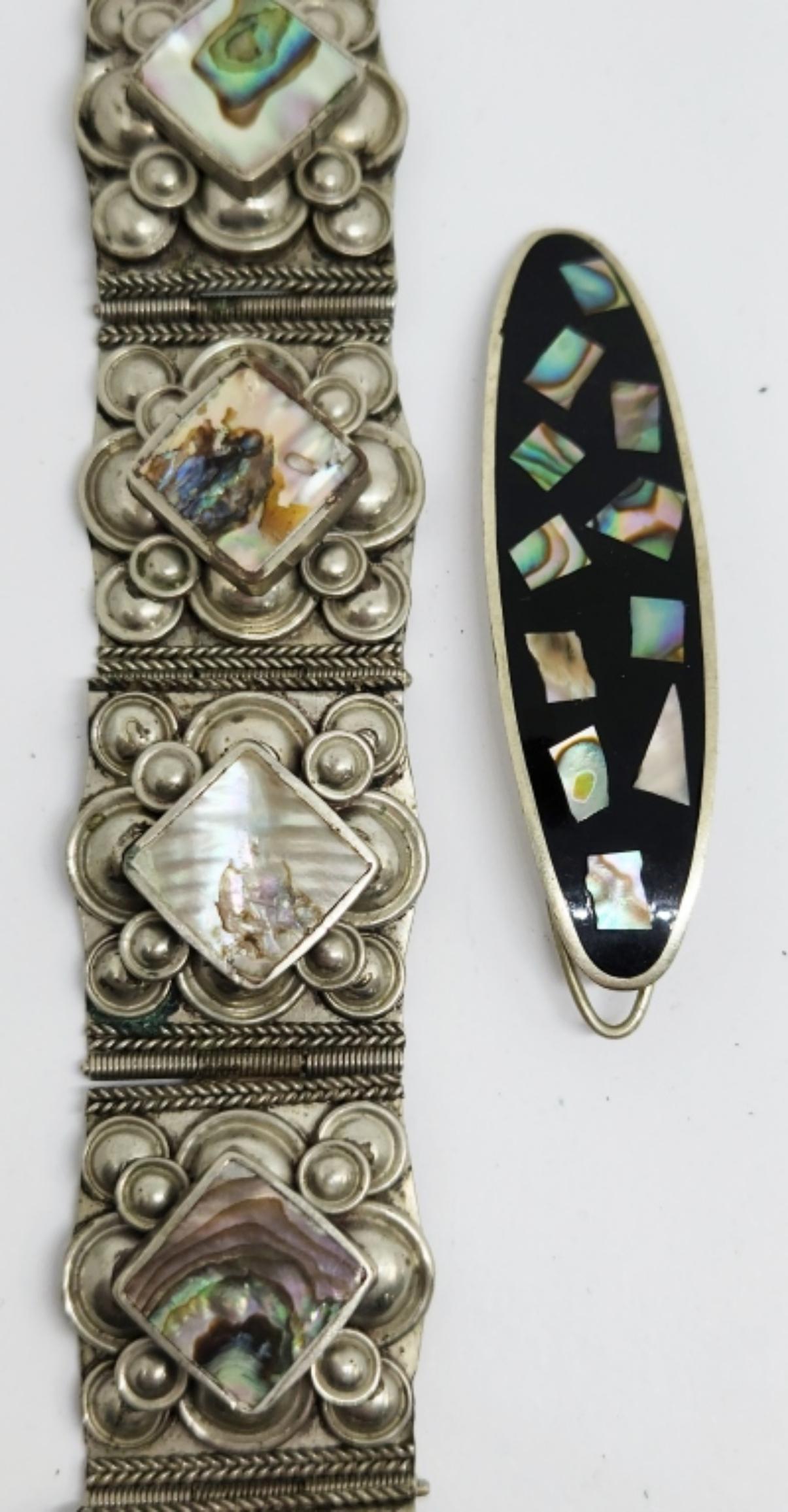 ALPACA MEXICO JEWELRY LOT: (1)8 INCH PANEL: BRACLET WITH ABILONE INLAY PLUS (1)HAIR BARETTE WITH ONYX AND ABILONE INLAY