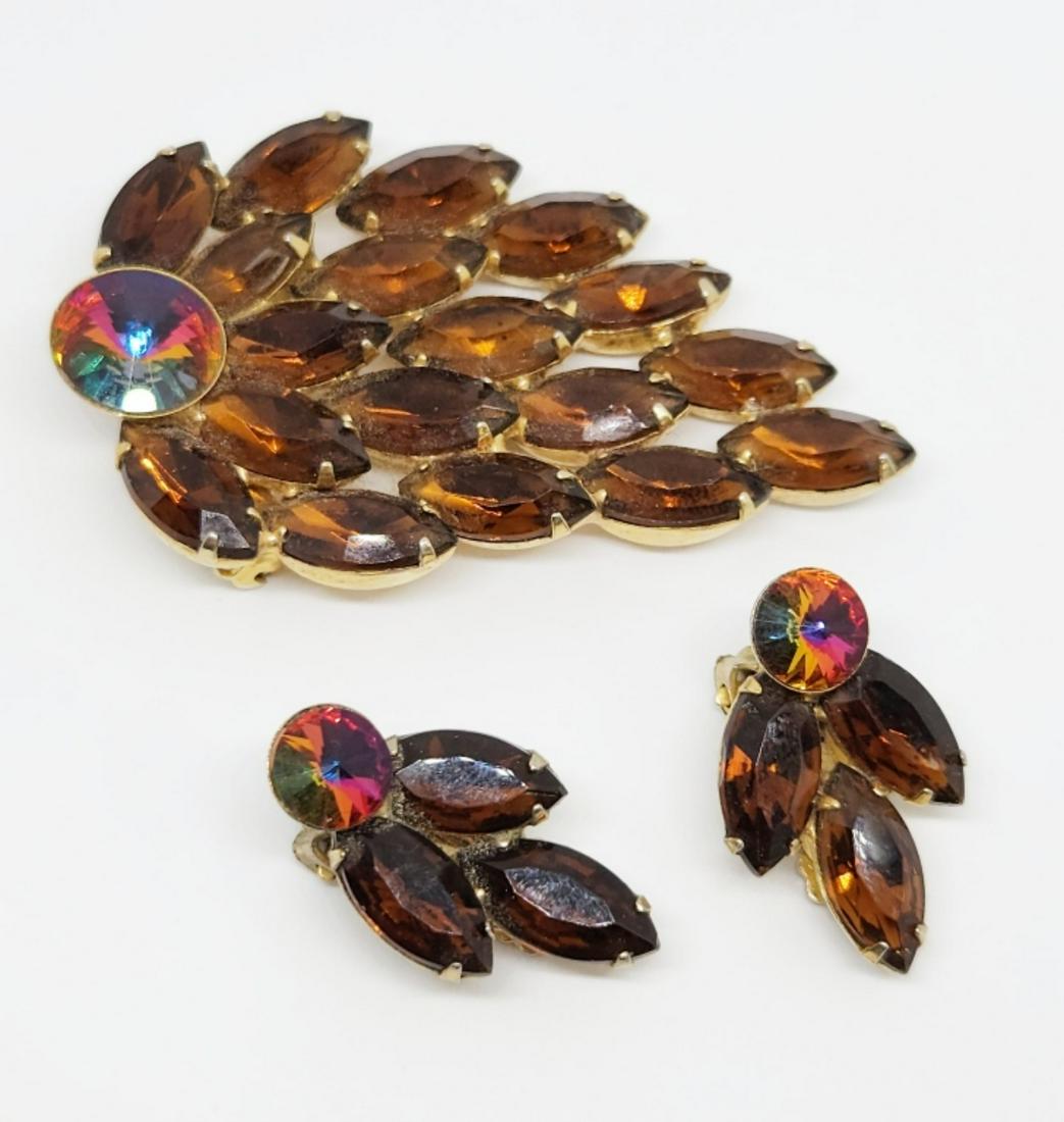 VTG SET! GOLD TONED AMBER RHINESTONE BROOCH (1 of 2)