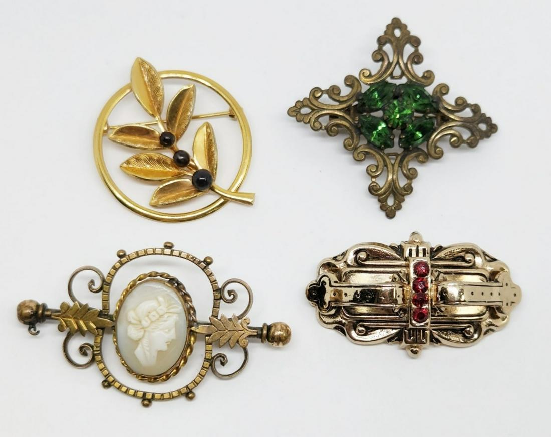 4-VINTAGE GOLD TONED BROOCHES: CORO: FORSTNER 12K GF-CAMEO-RHINESTONES-BEADS