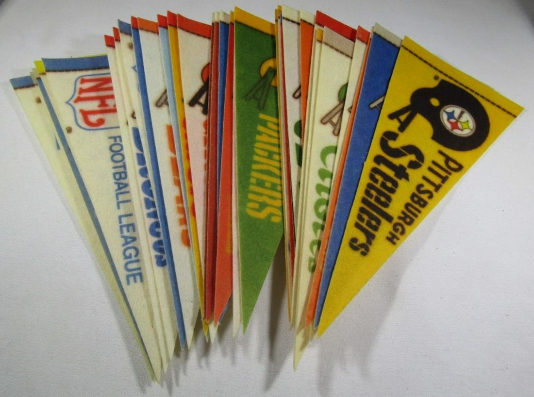 (32) MINI FELT FOOTBALL VINTAGE PENNANTS: APPROX 4x9 - ALL DIFFERENT - FEW STAPLE PIN HOLES ONLY