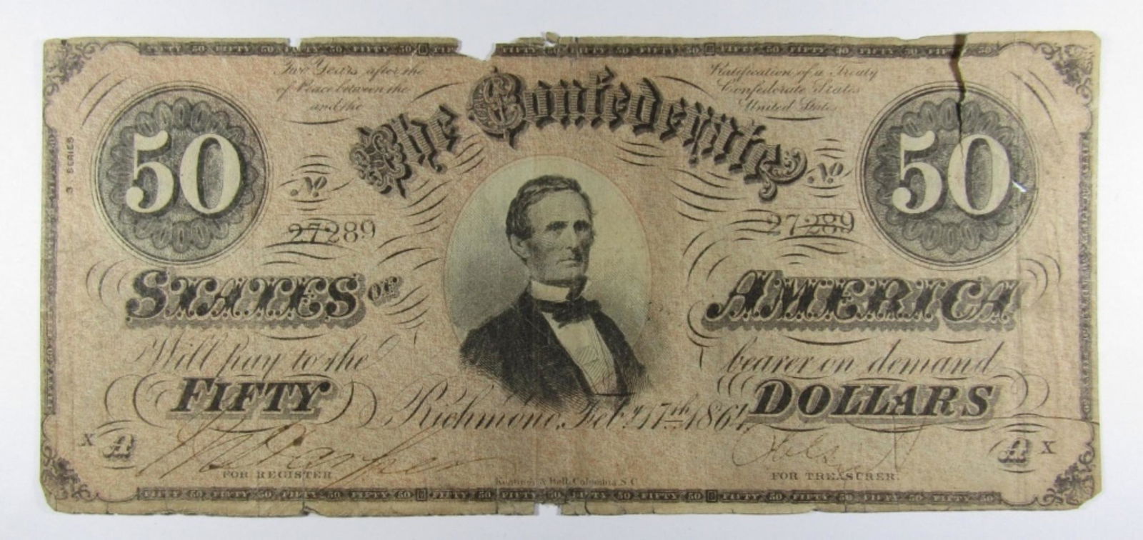 1864 $50 CONFEDERATE STATES of AMERICA (1 of 2)