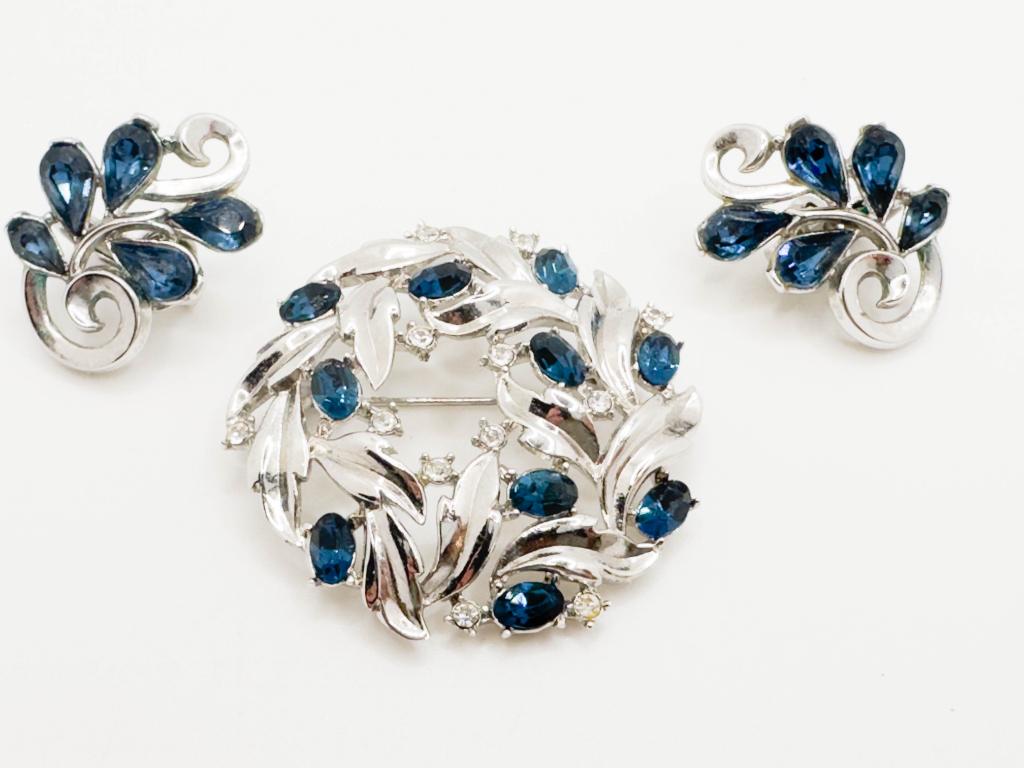 TRIFARI BLUE STONE EARRINGS +: TRIFARI BLUE STONE EARRINGS AND OTHER BLUE STONE BROOCH