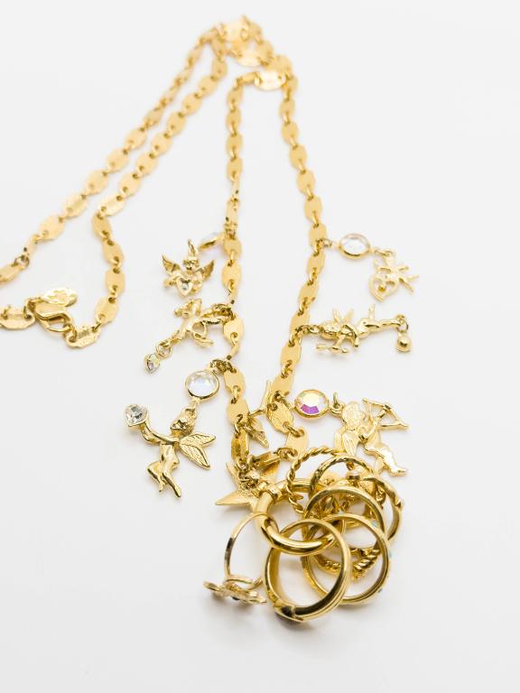 KIRKS FOLLY CHARM NECKLACE: AMAZING KIRKS FOLLY SIGNED VINTAGE CHARMS NECKLACE IN GOLD TONES