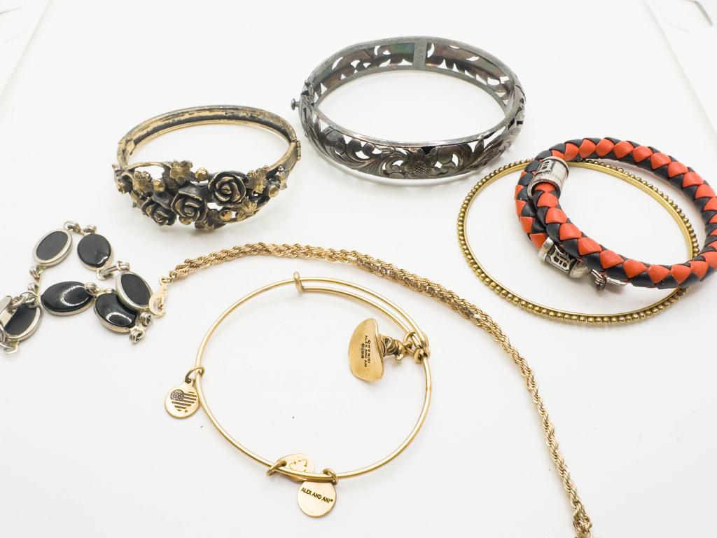 RHINESTONE TENNIS BRACELET +++: RHINESTONE TENNIS BRACELET AND VINTAGE SCROLL AND FLORAL , STONE AND OTHERS