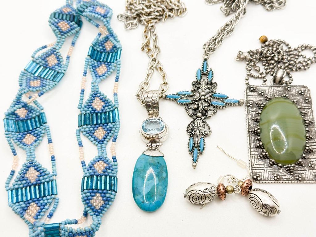 BEADWORK , TURQUISE NECKLACE: BEADWORK, TURQUISE CROSS, DANGLE AND MORE